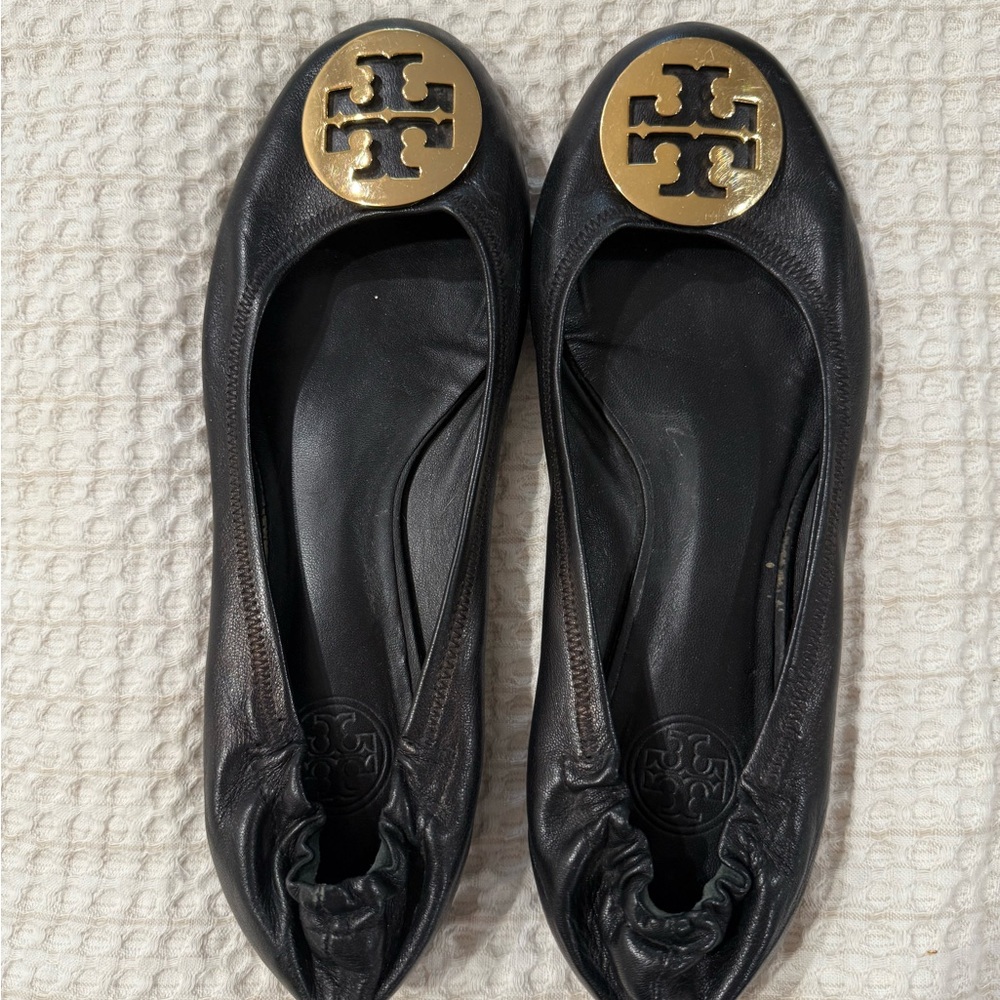 Tory Burch Black Minnie Flats with Gold Logo